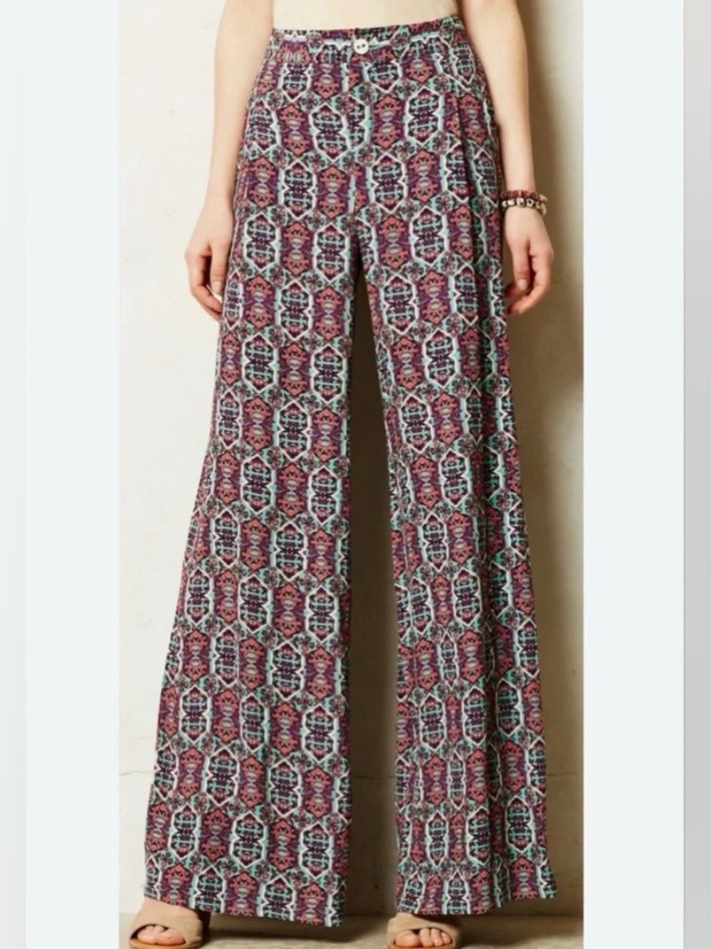 Anthropologie Wide-Leg Printed Pants in Burgundy and White